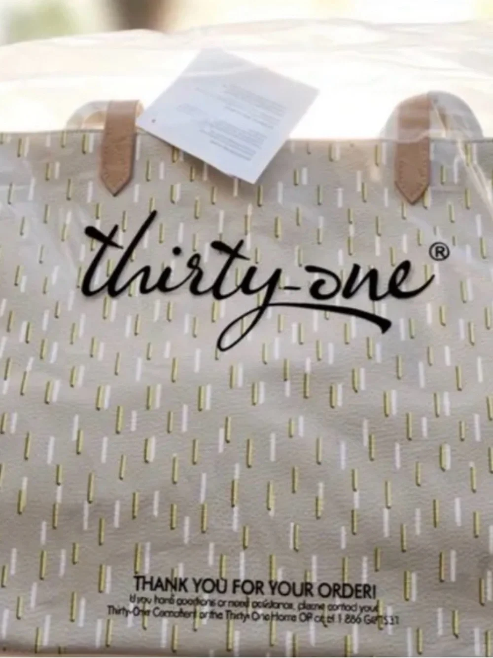thirty-one Cream Tote with Gold Accent Stitching and Tan Handles